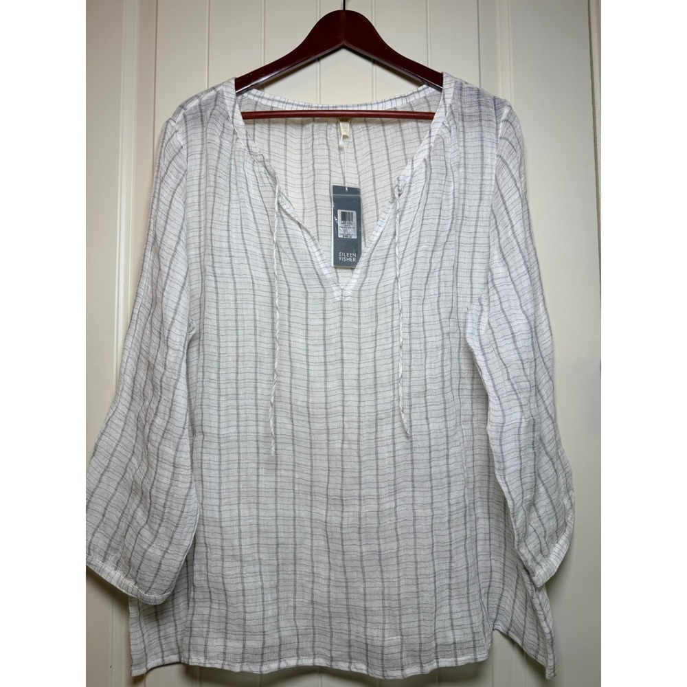 NEW Eileen Fisher 100% Linen Gauze Windowpane Wide Neck Box-Top Pewter XL